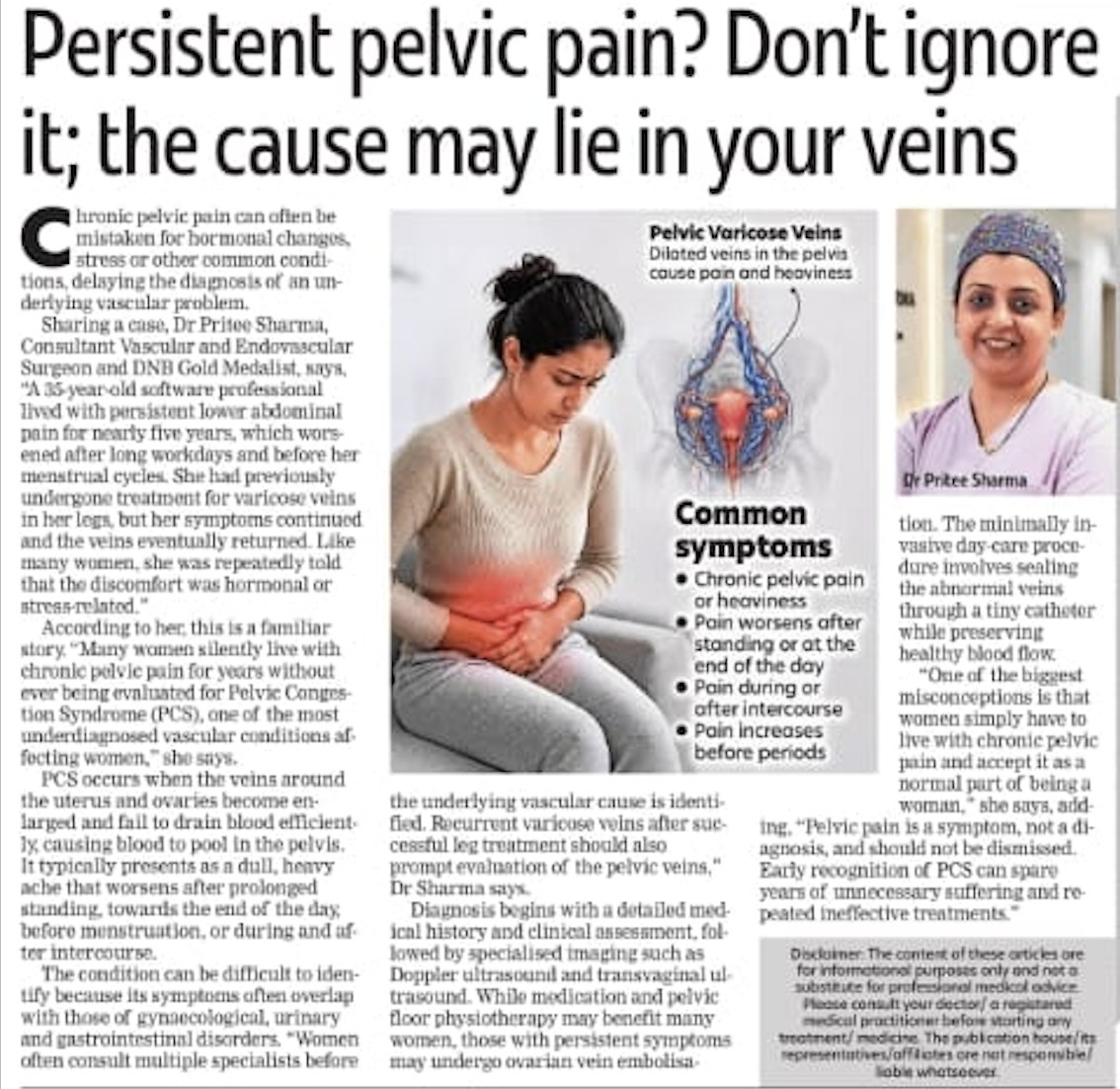 The Times of India feature on pelvic congestion syndrome quoting Dr. Pritee Sharma